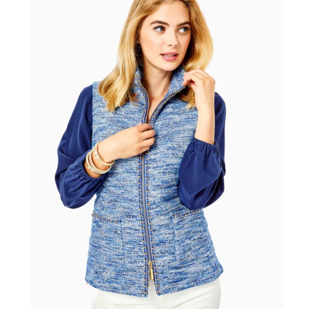 LILLY PULITZER Noella Vest Jacket Coat Size LARGE Blue Thistle Resort Boucle NEW